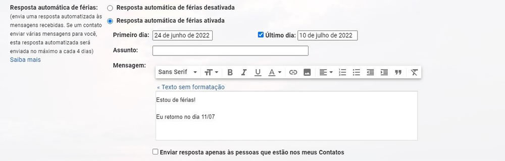 resposta automática de e-mails no Gmail